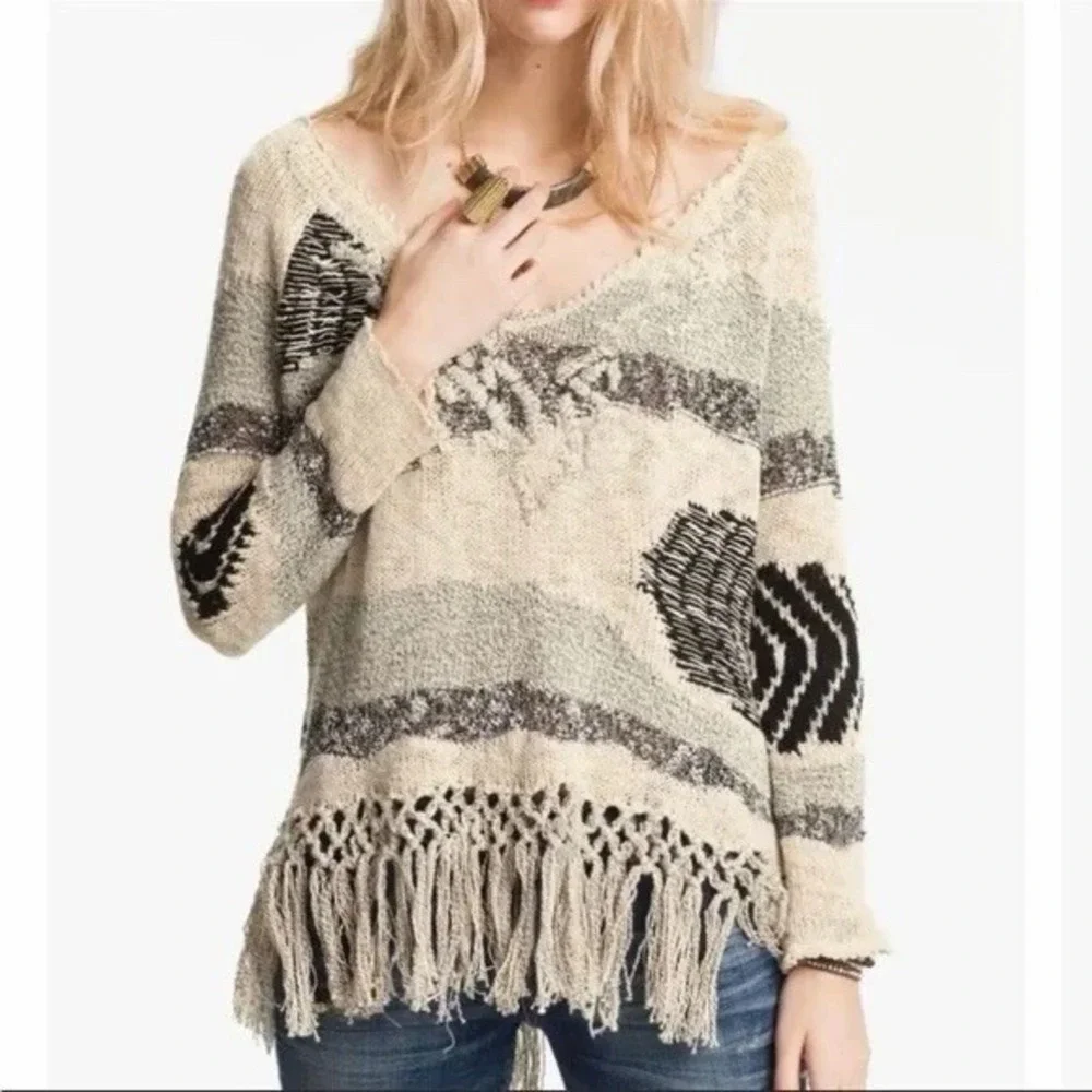 Free People Boho Woven Cotton Blend‎ Women's M/L (approx) Sweater w Fringe